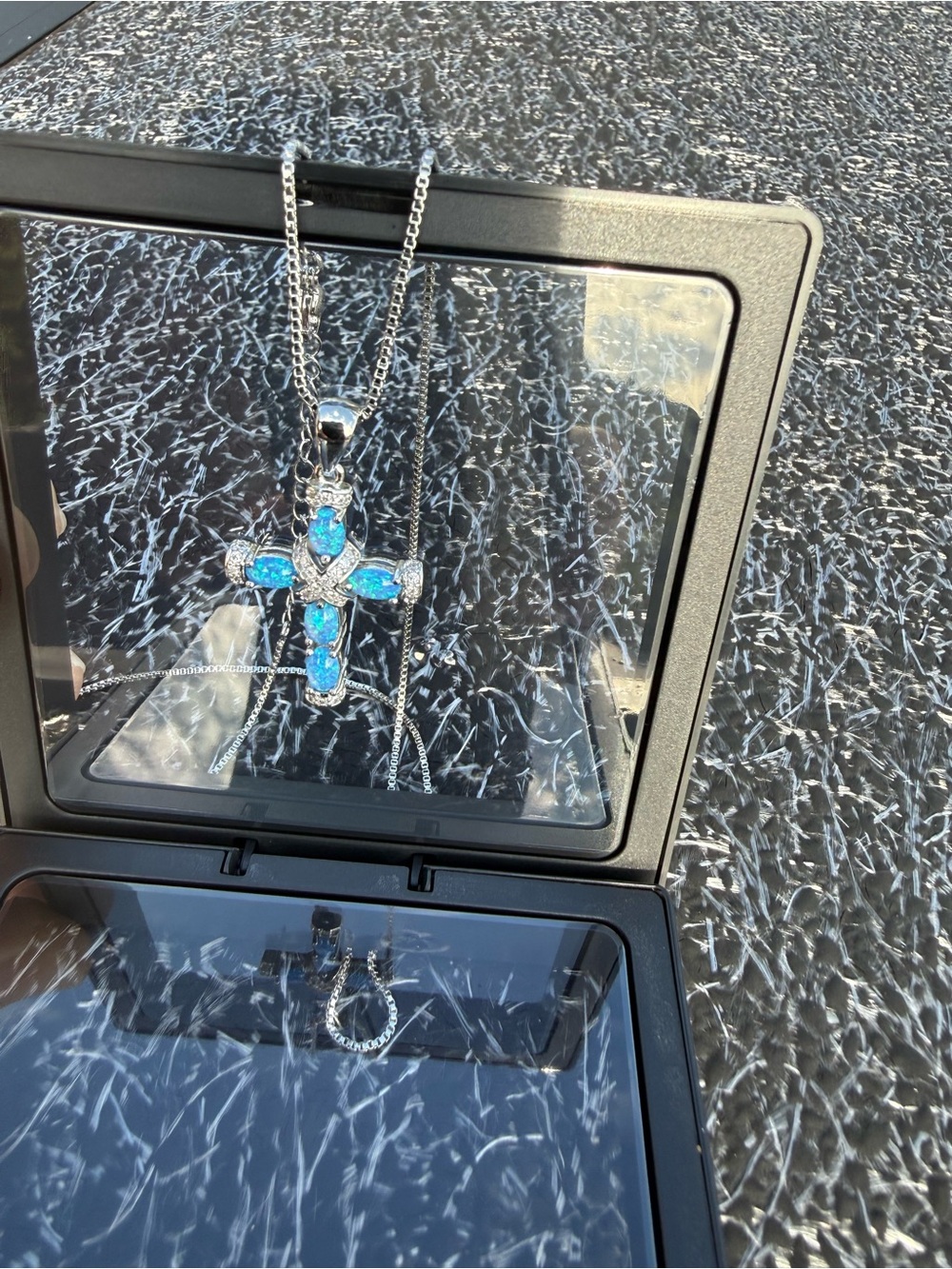 #118 Silver Cross Pendant Necklace with Blue Opal Inlay